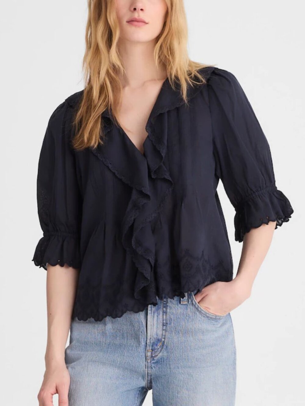 Madewell Blaire Delicate Pintucks Embroidery Ruffle Sleeve Top Navy Size M
